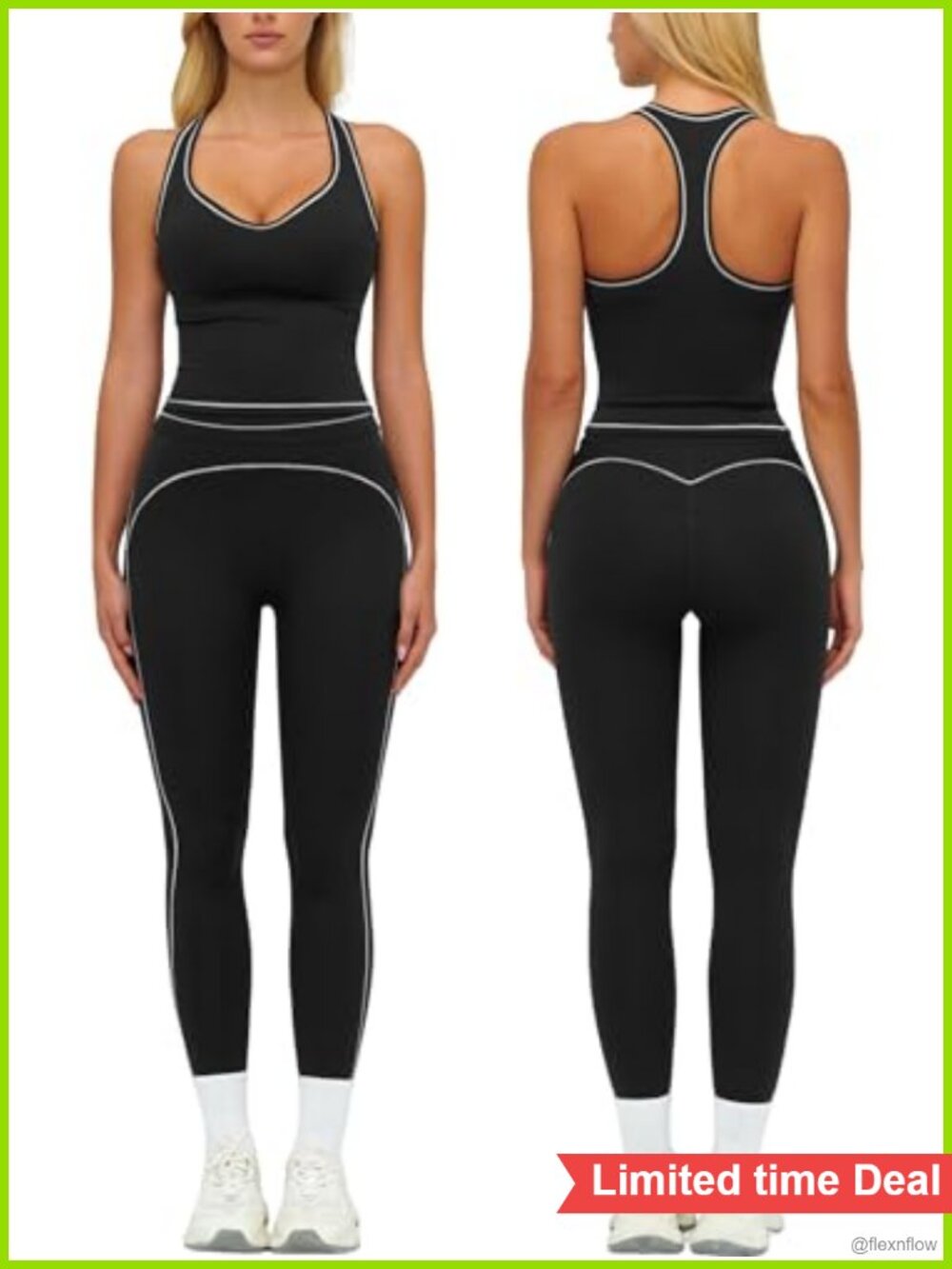 Women 2 Piece Workout Set Racerback Color Block Tank Top Leggings Pilates